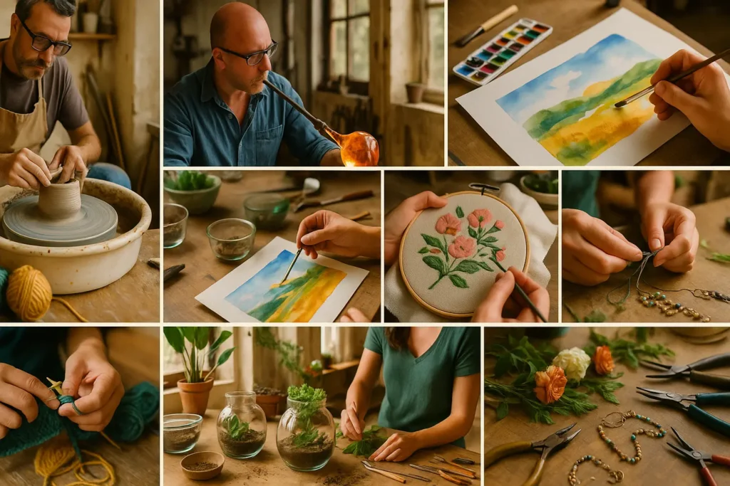 A collage of hands-on activities at an arts and crafts workshop on the Eastside, featuring pottery, watercolor painting, glassblowing, embroidery, knitting, terrarium making, and jewelry design.