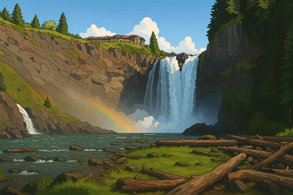 Illustration of Snoqualmie Falls, a must-see Eastside waterfall hike in Washington, featuring a powerful 268-foot drop, lush greenery, and the iconic Salish Lodge perched atop the cliffs.