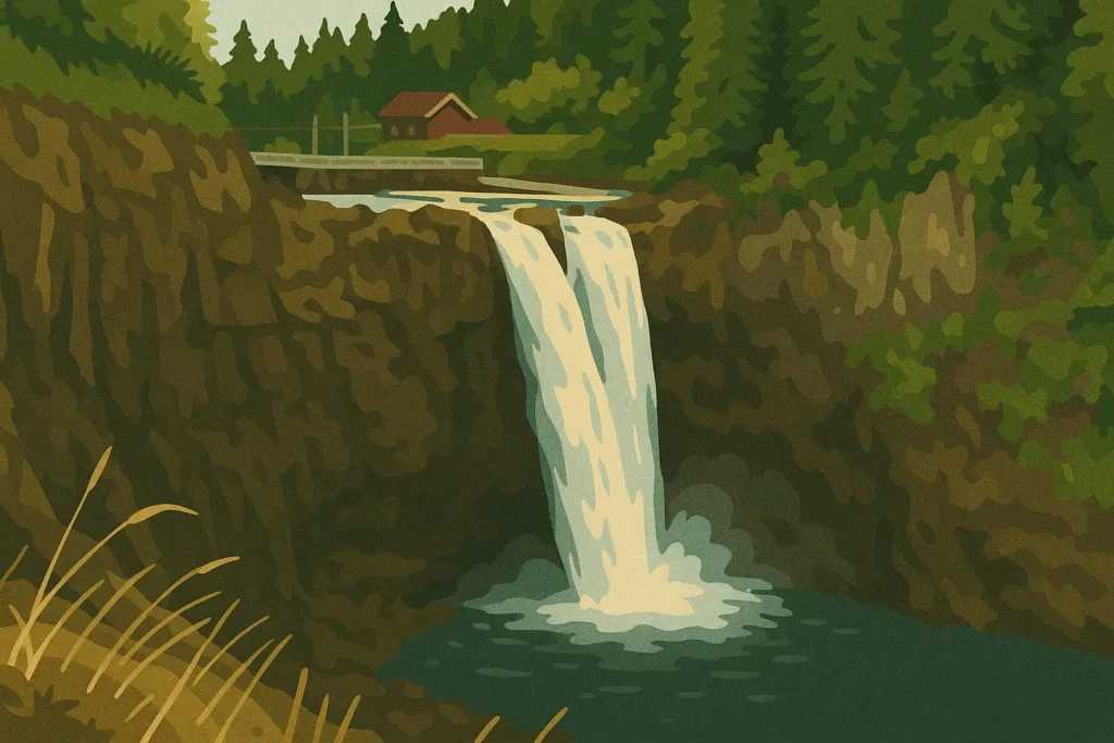 Illustration of Snoqualmie Falls, one of the most iconic Eastside waterfall hikes, featuring a powerful 268-foot cascade surrounded by forested cliffs and a historic lodge.