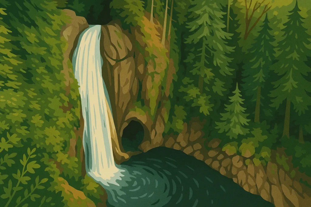 Illustration of Twin Falls near North Bend, a top destination for Eastside waterfall hikes, showing a scenic cascade flowing into a forested canyon pool in the Pacific Northwest.