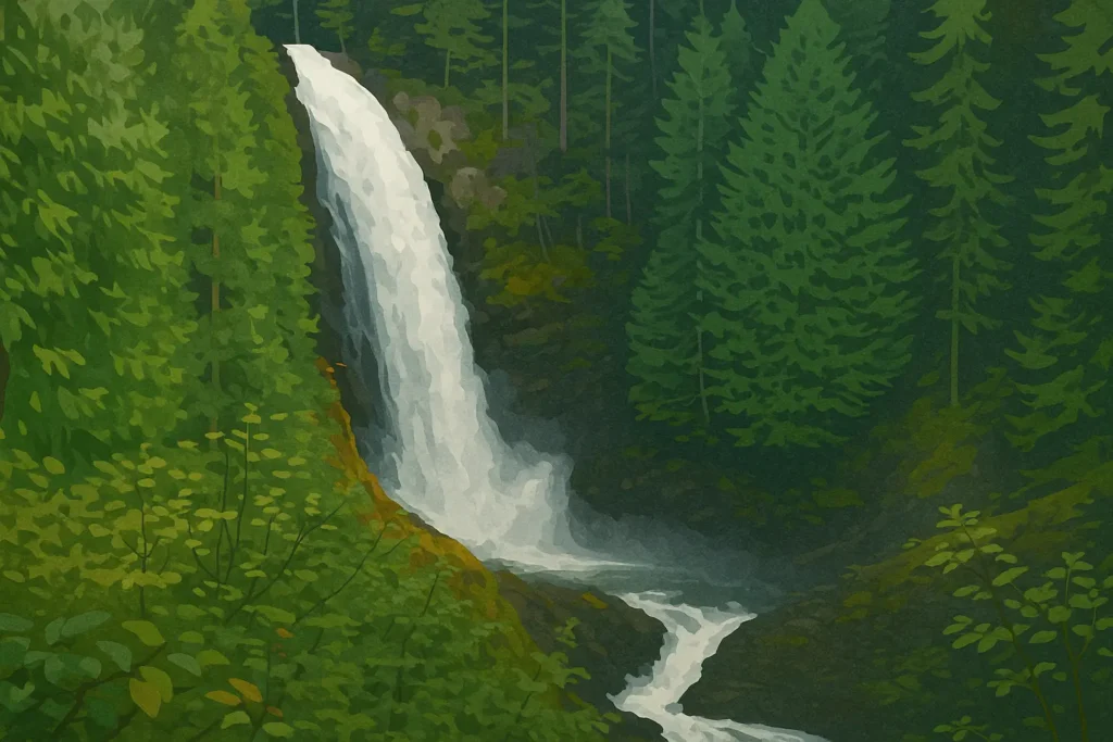 Illustration of Wallace Falls, a popular Eastside waterfall hike in Washington, showcasing a tall cascade plunging through a forested mountainside surrounded by lush evergreens and rugged terrain.
