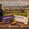 Featured image showing the Woodinville Wine Tasting Pass with red and white wine glasses, a vineyard backdrop, and tasting pass cards on a wooden table — highlighting tips for car-free wine tasting, budget planning, and itinerary ideas in Woodinville.