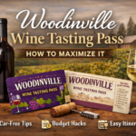 Featured image showing the Woodinville Wine Tasting Pass with red and white wine glasses, a vineyard backdrop, and tasting pass cards on a wooden table — highlighting tips for car-free wine tasting, budget planning, and itinerary ideas in Woodinville.