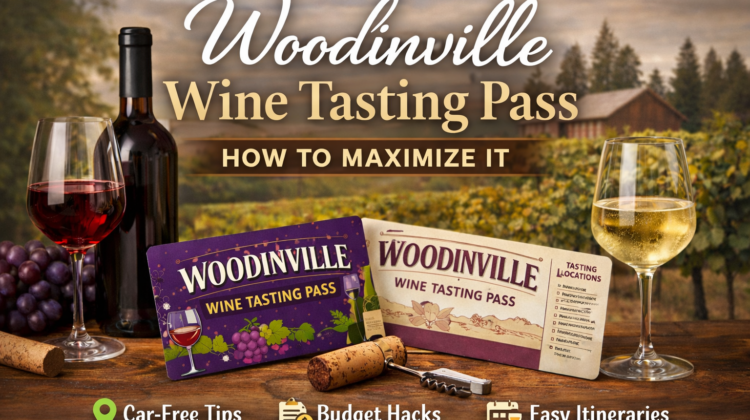 Featured image showing the Woodinville Wine Tasting Pass with red and white wine glasses, a vineyard backdrop, and tasting pass cards on a wooden table — highlighting tips for car-free wine tasting, budget planning, and itinerary ideas in Woodinville.