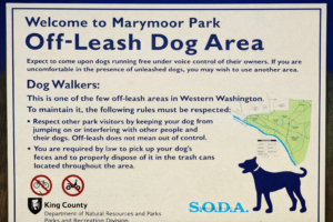 sign of marymoor off leash park which is part of Eastside Dog Parks.