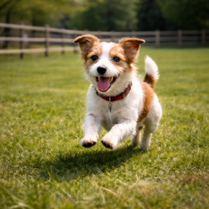 small dog running in a dog park as part of eastside dog park.